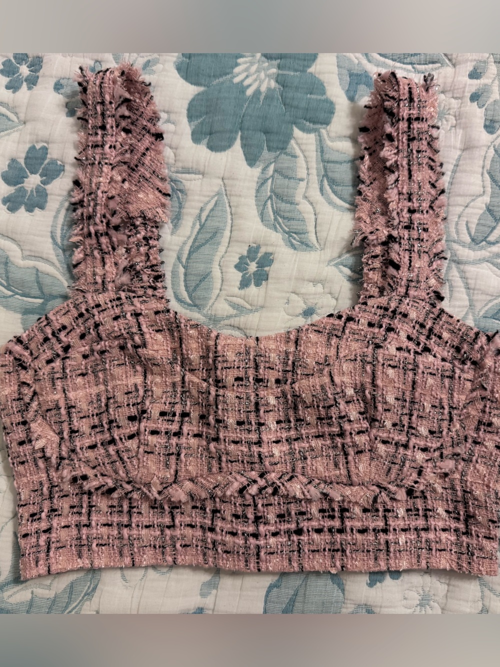 wild fable Pink Tweed Crop Top with Frayed Straps